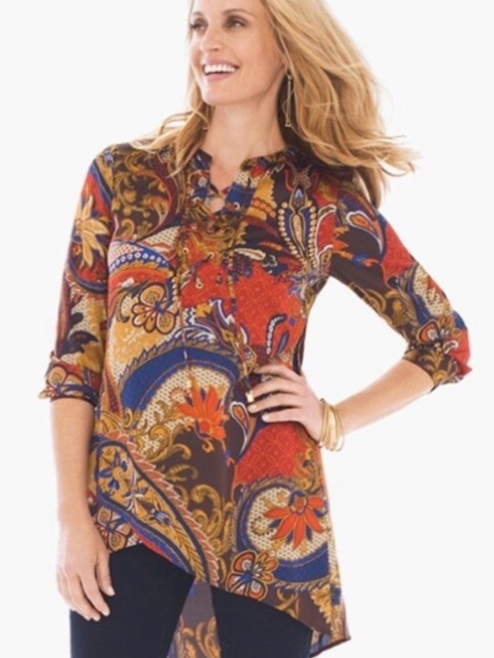 CHICO’S SIZE 2 ( LARGE ) VINTAGE PAISLEY PRINT PEASANT TUNIC TOP - Picture 6 of 11
